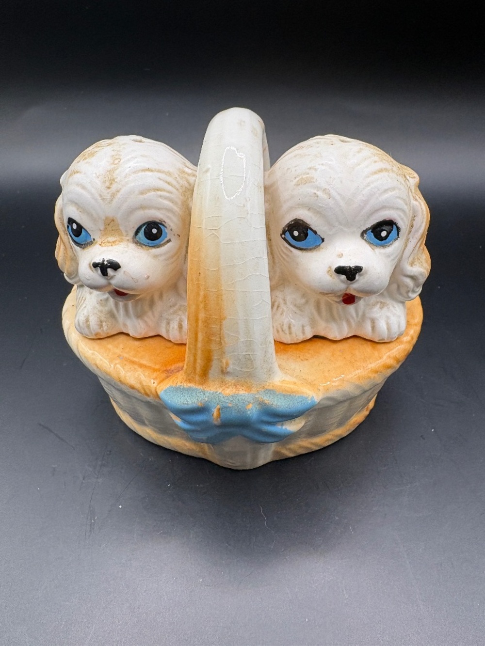 Vintage Two Dogs In A Basket Salt & Pepper Shaker Set Japan